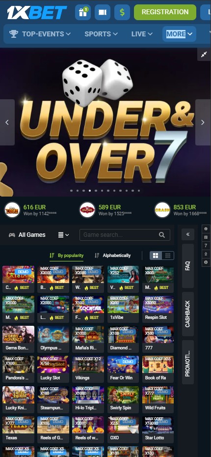 1XBET Casino mobile lobby