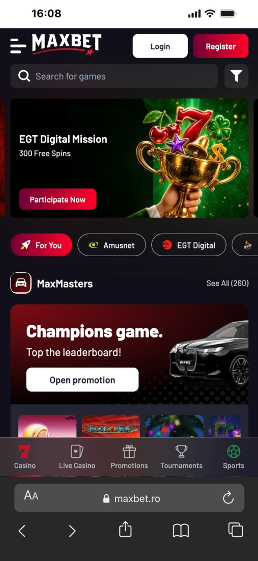 MaxBet Casino mobile home