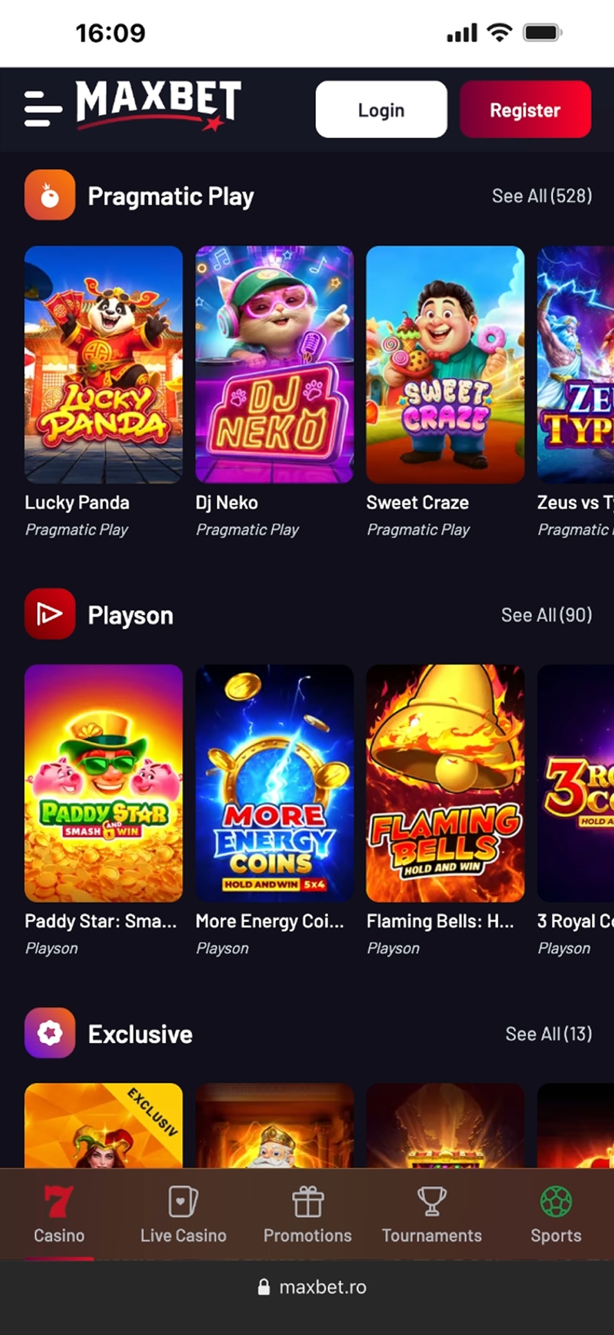 MaxBet Casino mobile lobby